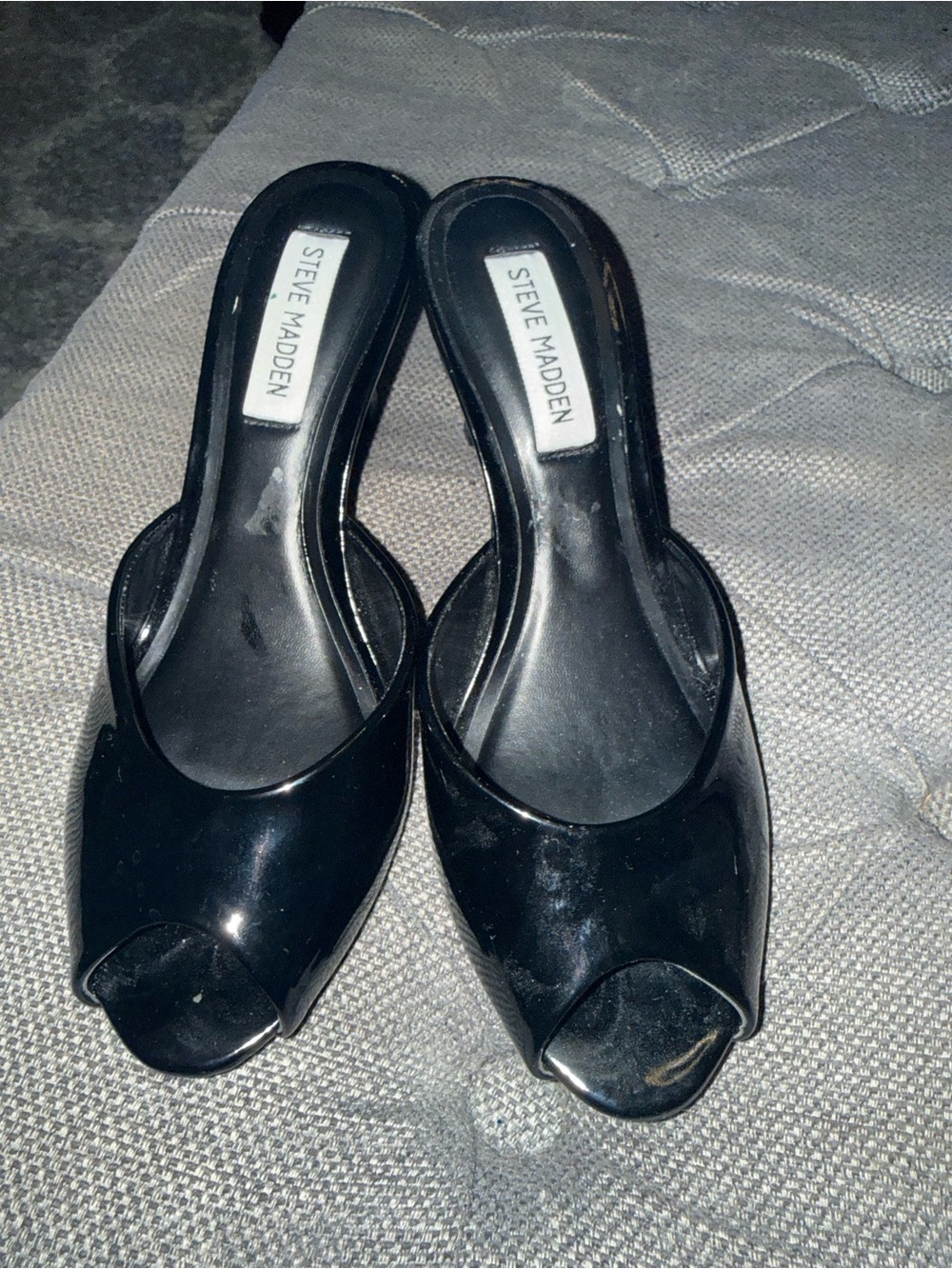 Steve Madden Black Patent Peep Toe Slip-On Mule Heels